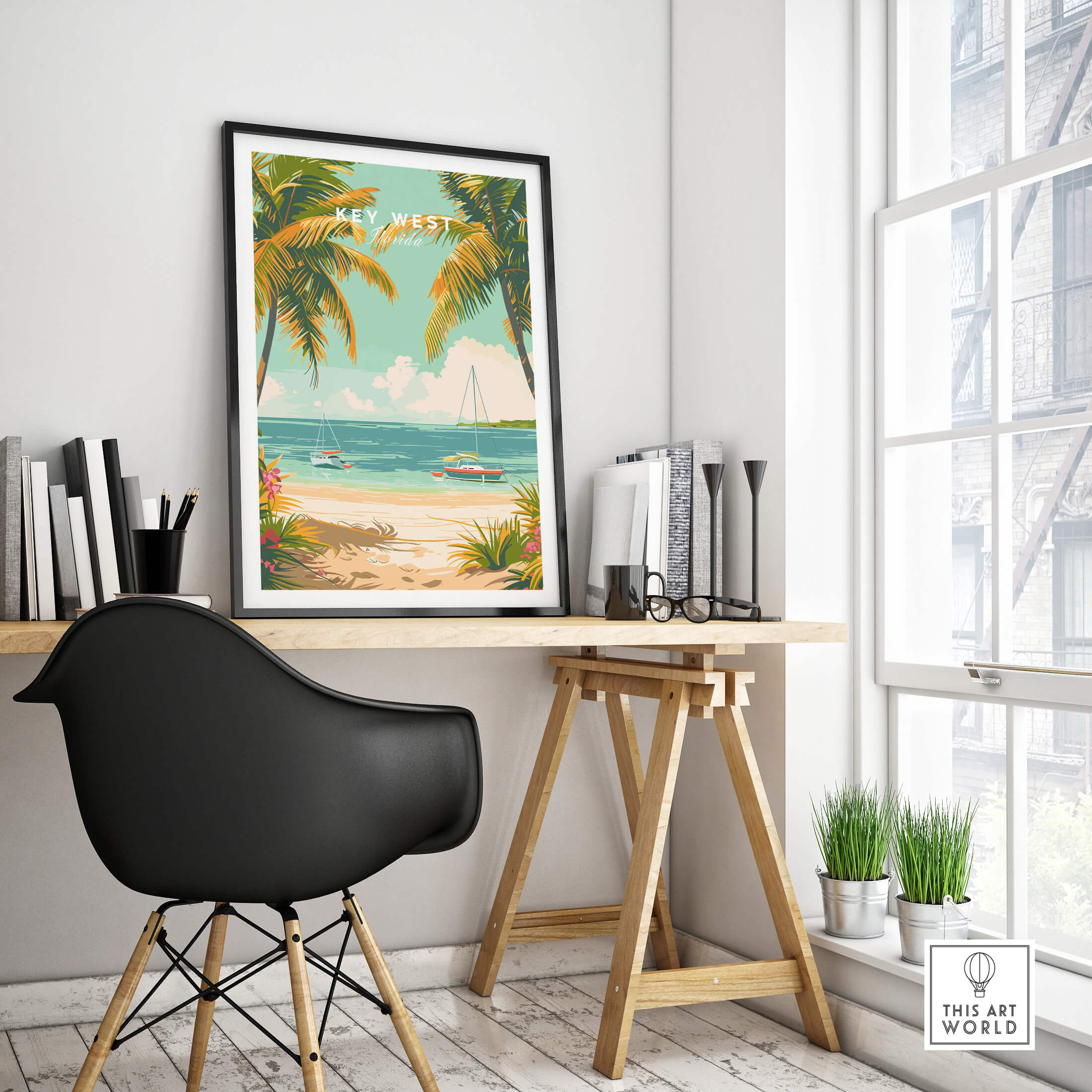Key West Travel Poster displayed in a modern room with tropical decor and a cozy workspace.