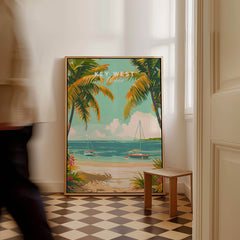 Key West Travel Poster featuring tropical scenery with palm trees and boats by the beach, adding a vibrant touch to home decor.