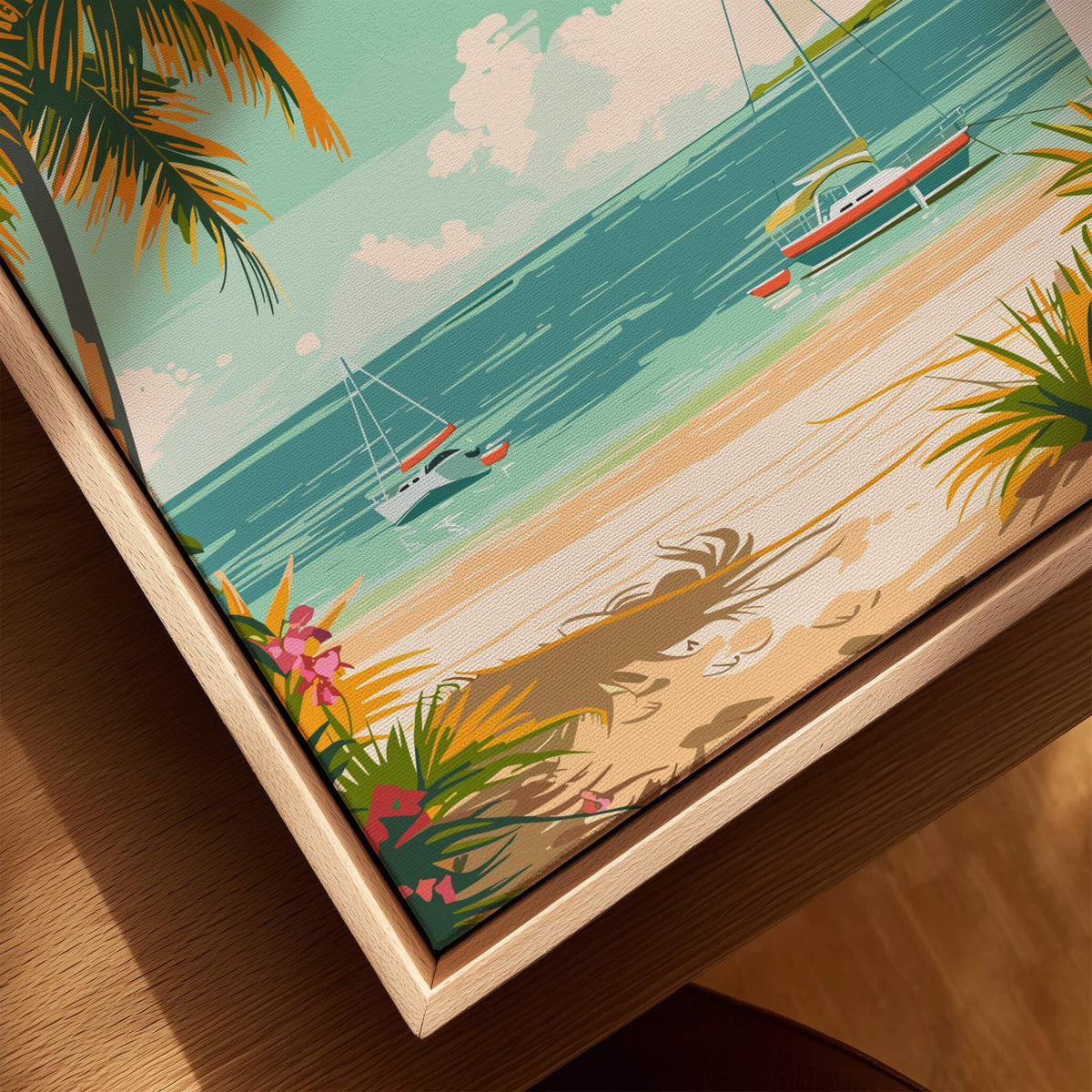 Key West Travel Poster showcasing vibrant beach scenery with palm trees and sailboats in the clear blue waters.