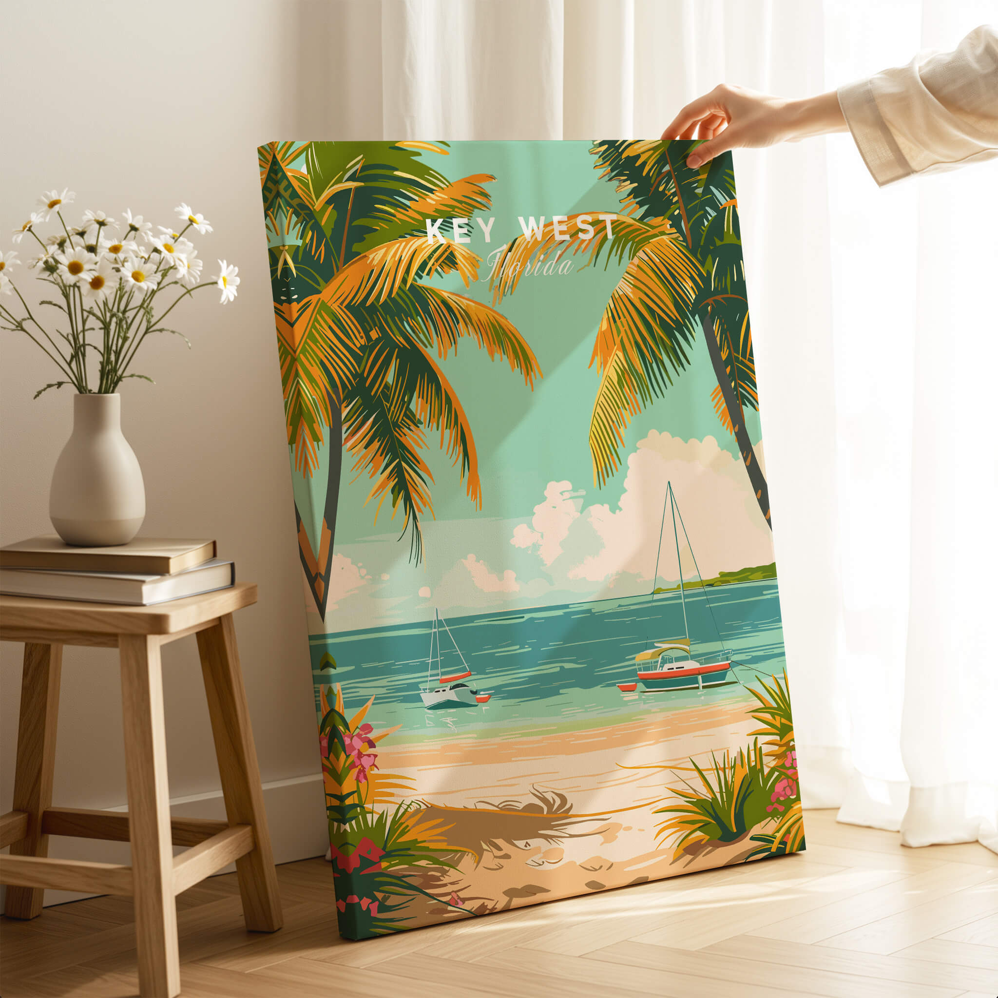 Key West Travel Poster featuring tropical palms, sunny beach, and sailboats, perfect for home decor.