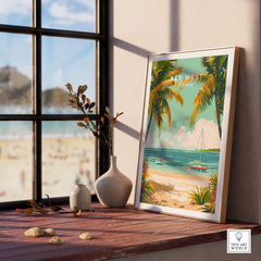 Key West Travel Poster displayed on a wooden table near a window with a beach view, featuring palm trees and boats.