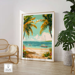 Key West Travel Poster showcasing vibrant beach scene with palm trees and boats in a coastal setting.