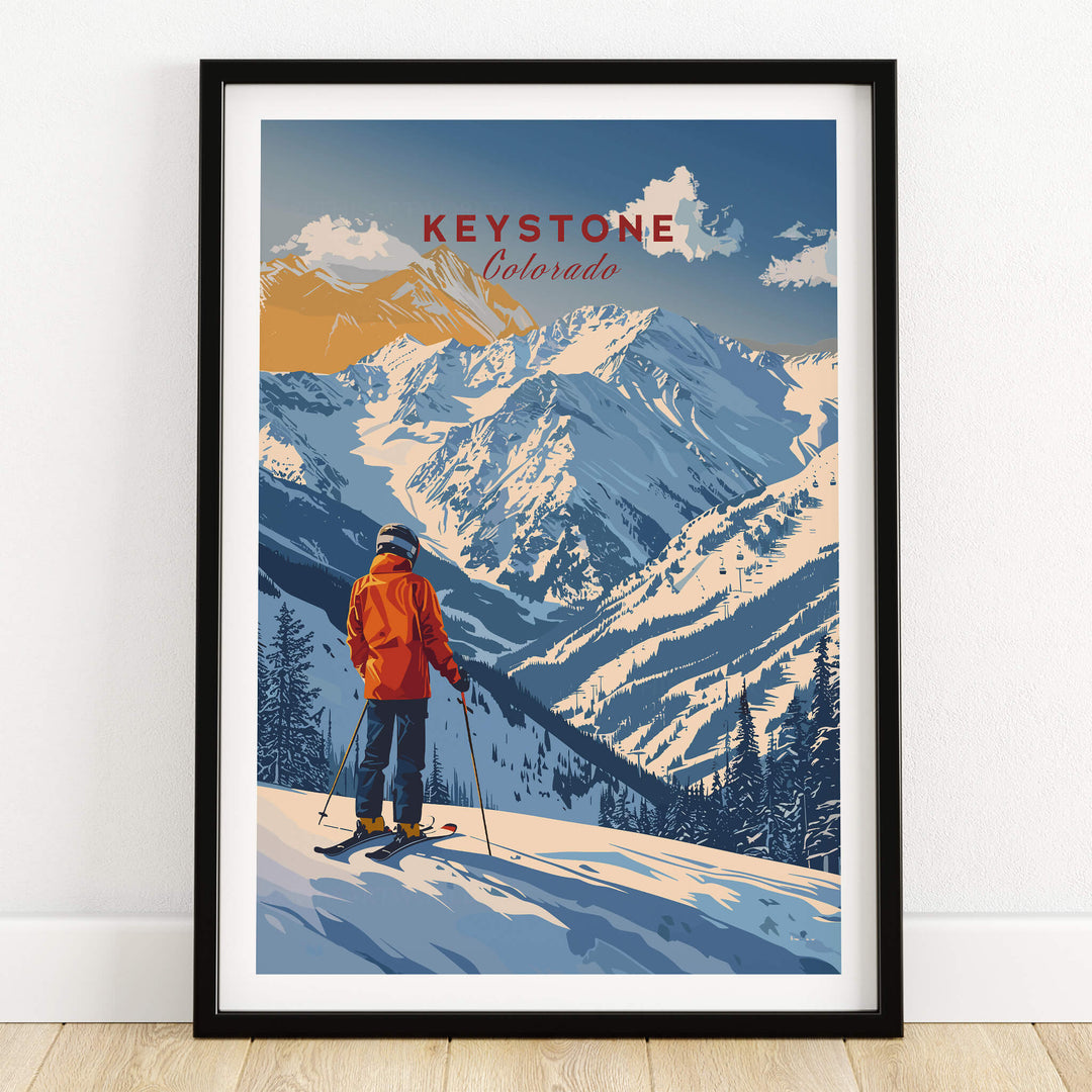 Keystone Travel Poster - Colorado showcasing a skier against stunning mountain backdrop.