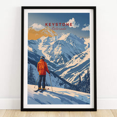 Keystone Travel Poster - Colorado showcasing a skier against stunning mountain backdrop.