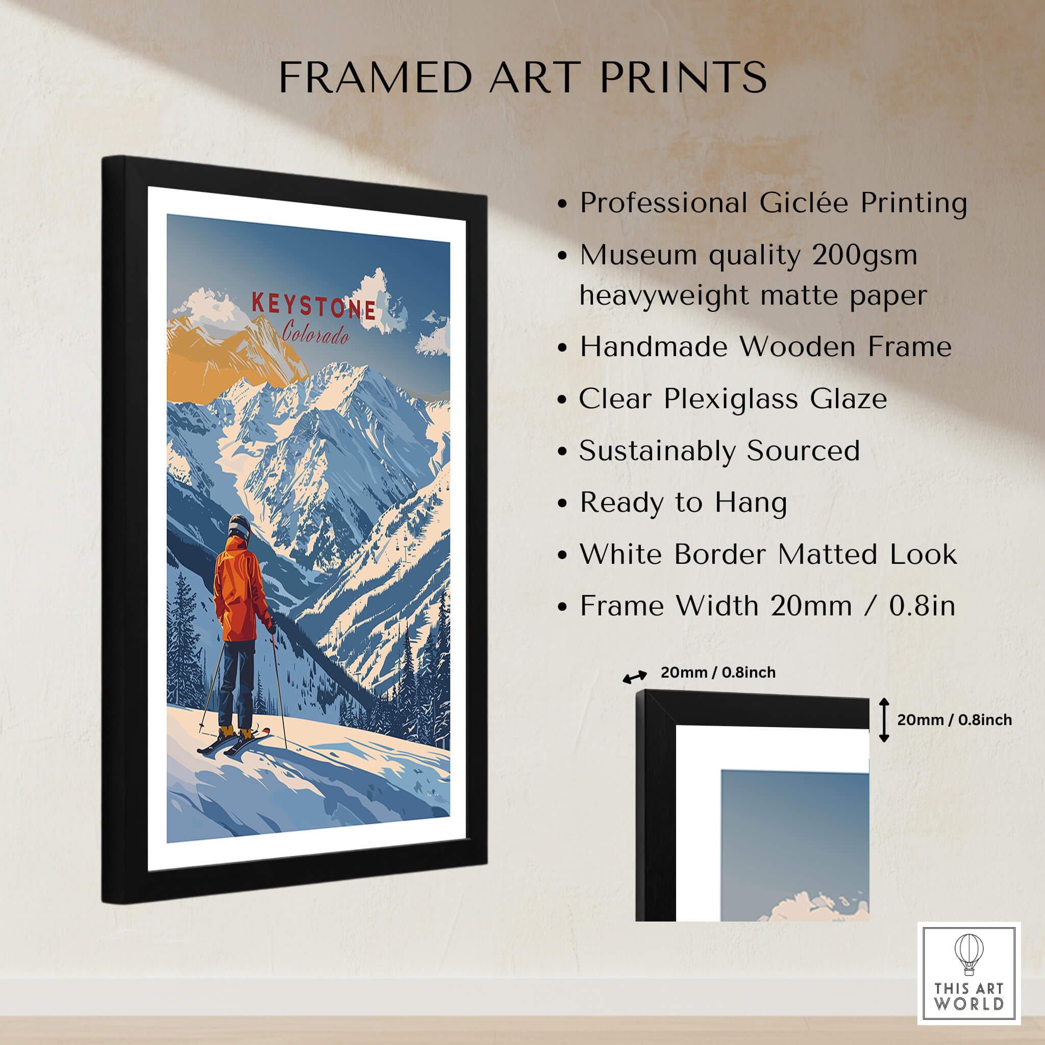 Keystone Travel Poster - Colorado framed art print showcasing snowy mountains and ski enthusiast in a vibrant design.