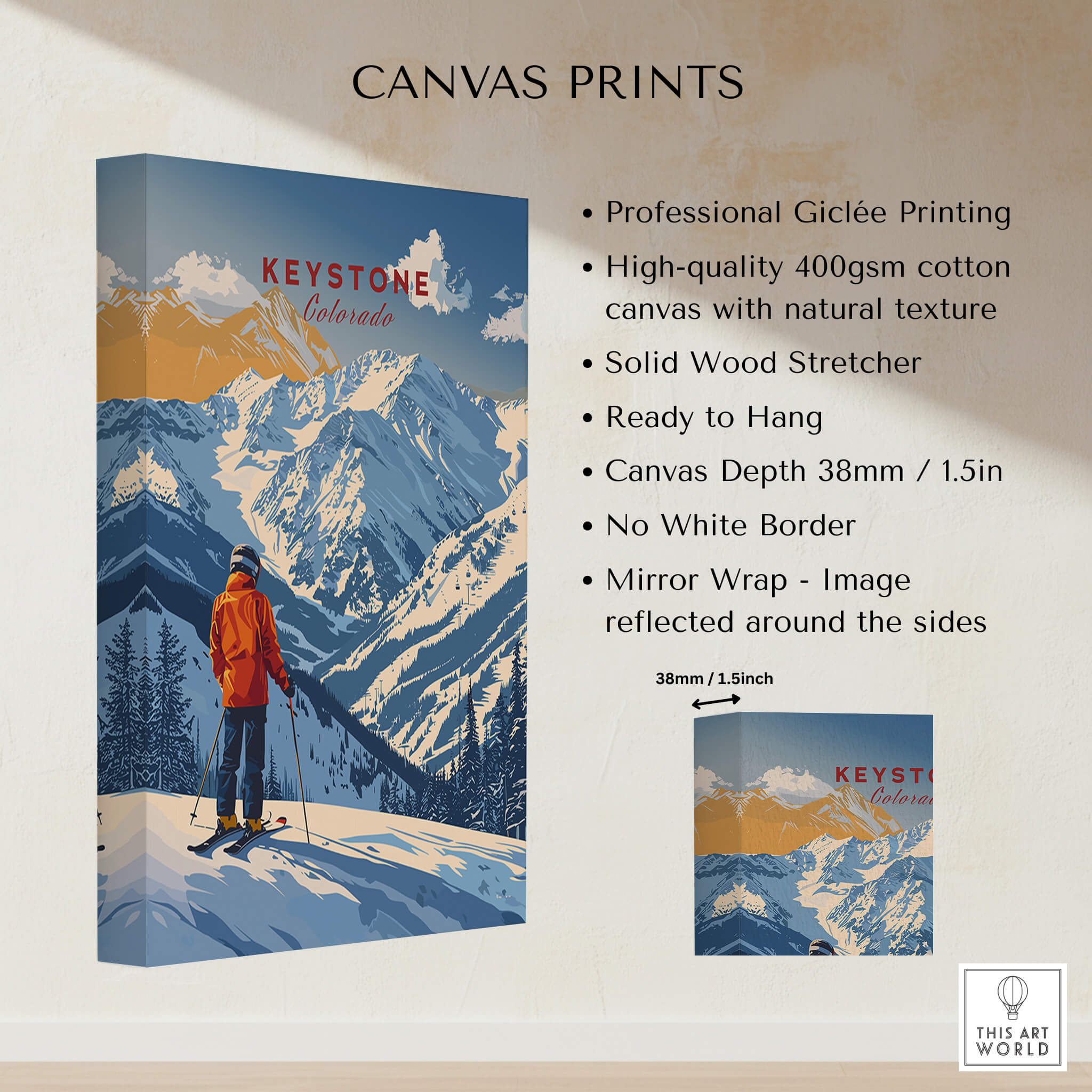 Keystone Travel Poster - Colorado showcasing a ski resort with mountains, ready to hang high-quality canvas print.