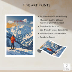 Keystone Travel Poster - Colorado showcasing a skier in a winter landscape with mountains.