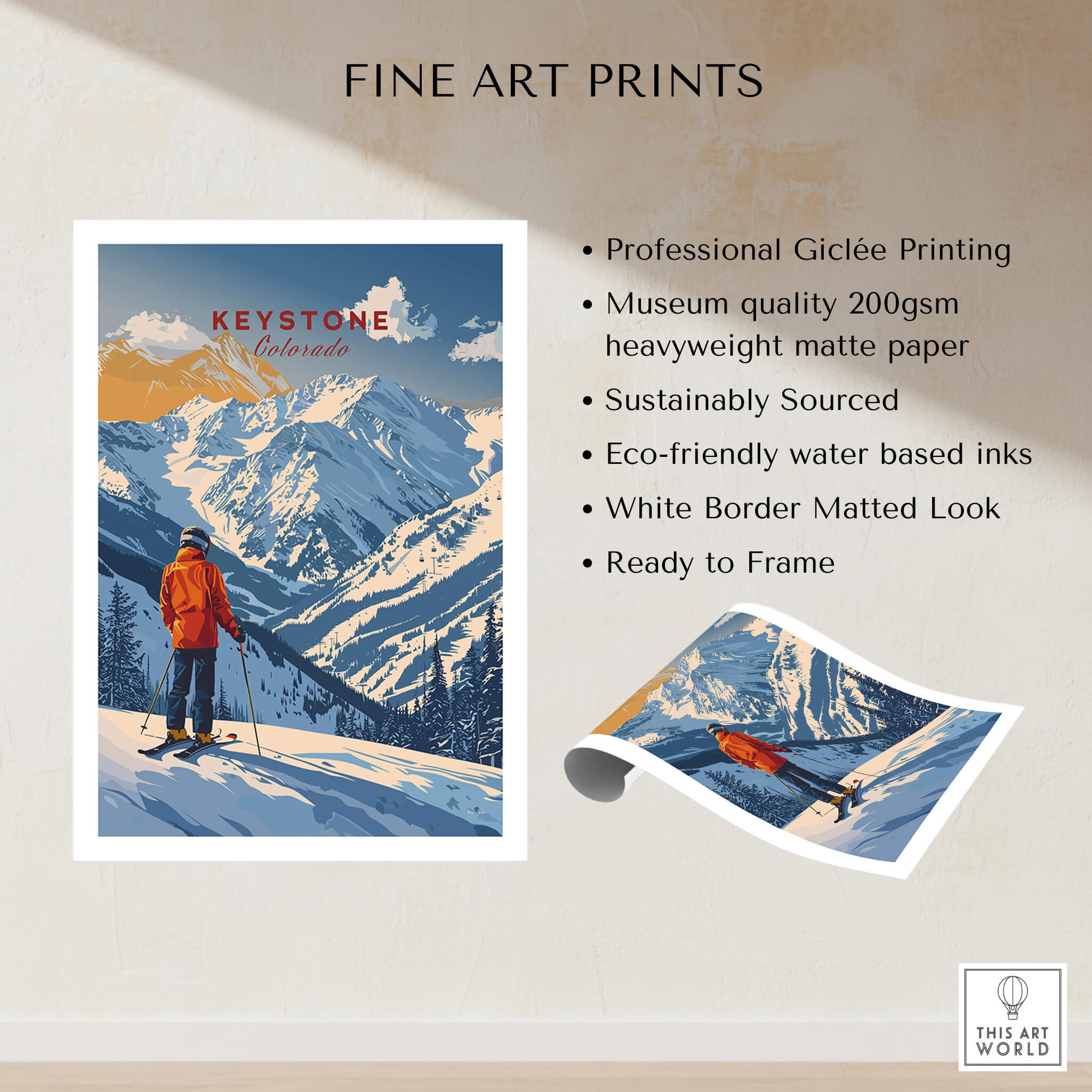 Keystone Travel Poster - Colorado showcasing a skier in a winter landscape with mountains.