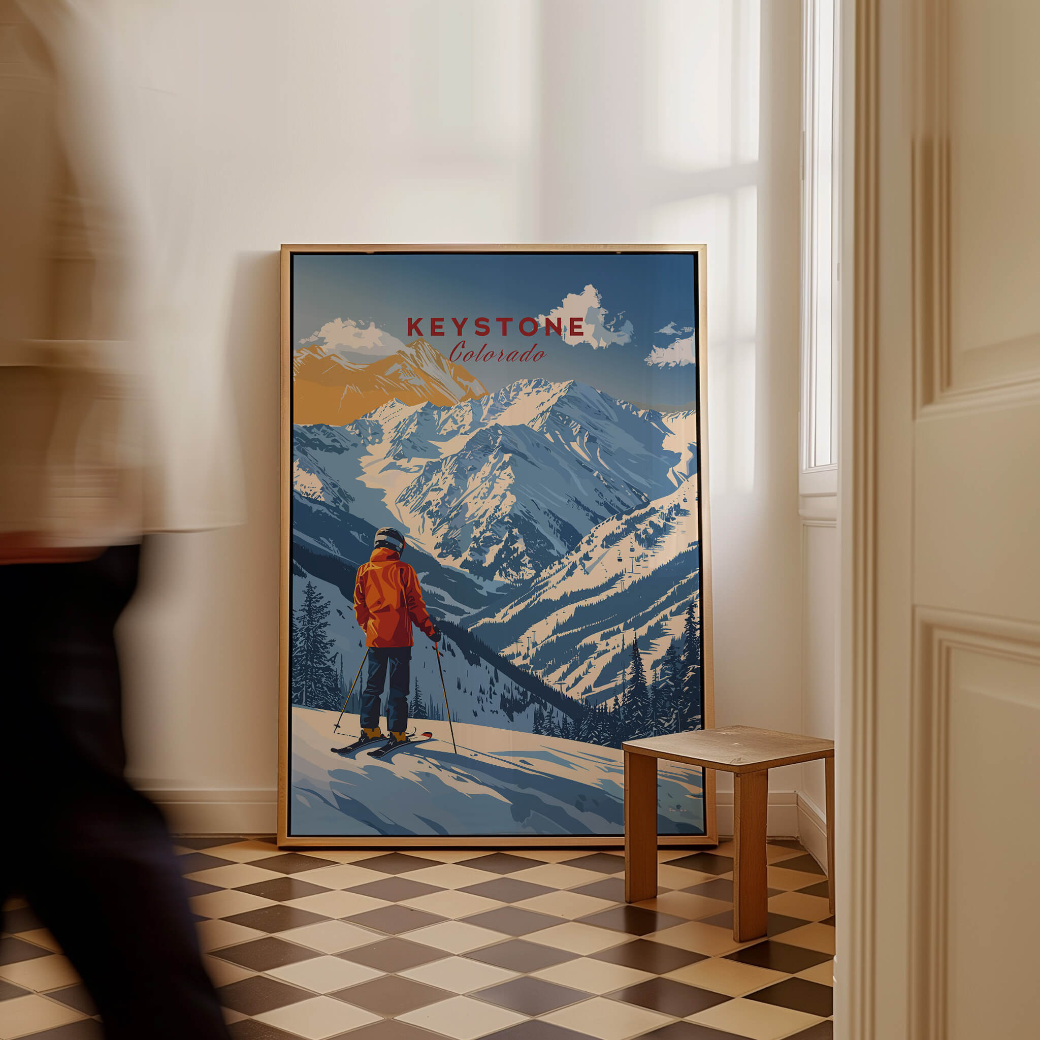 Keystone Travel Poster - Colorado showcasing a skier against majestic mountains in a stylish interior setting.