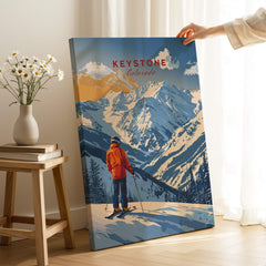 Keystone Travel Poster - Colorado showcasing a skier among stunning mountains, perfect for ski enthusiasts and travel lovers.