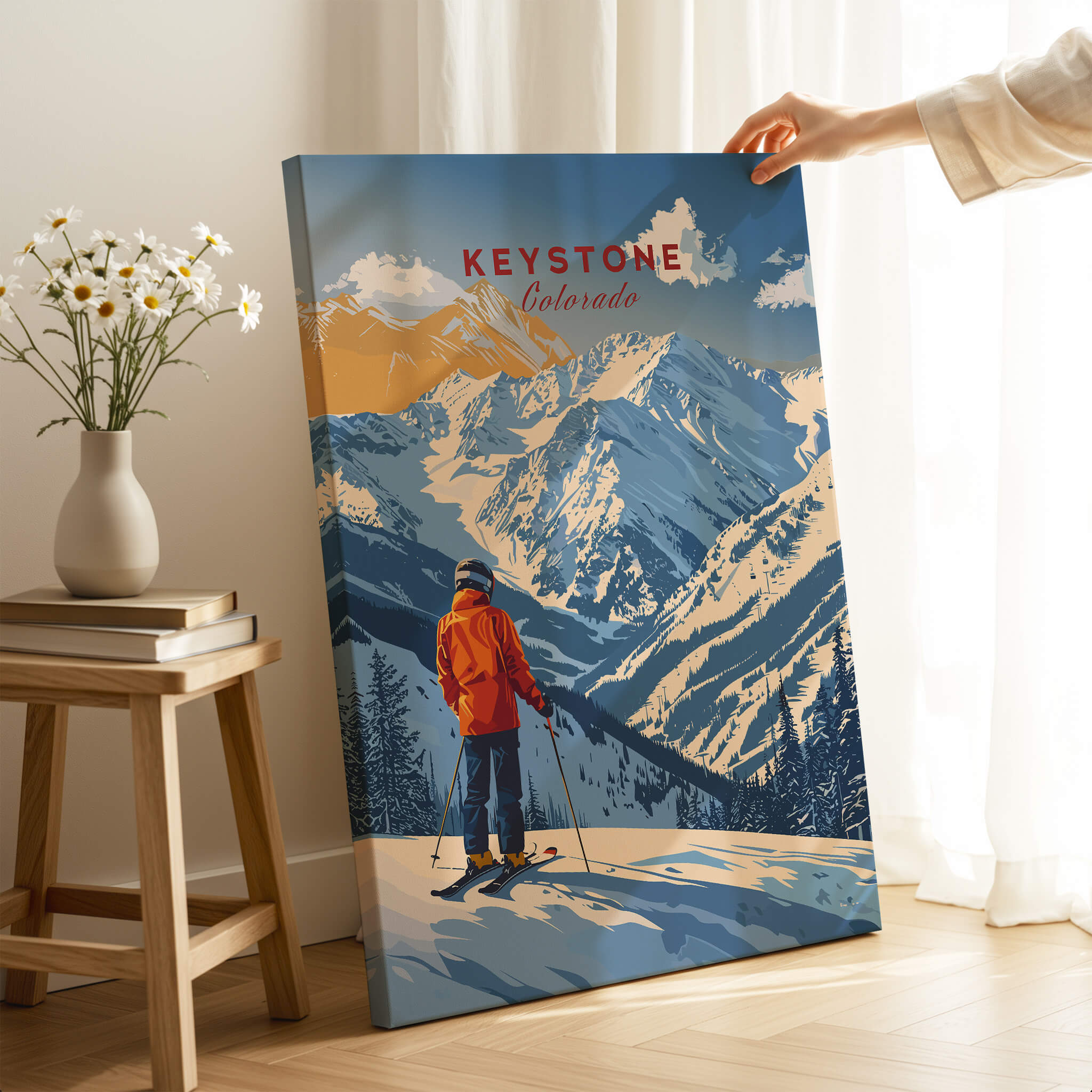 Keystone Travel Poster - Colorado showcasing a skier among stunning mountains, perfect for ski enthusiasts and travel lovers.