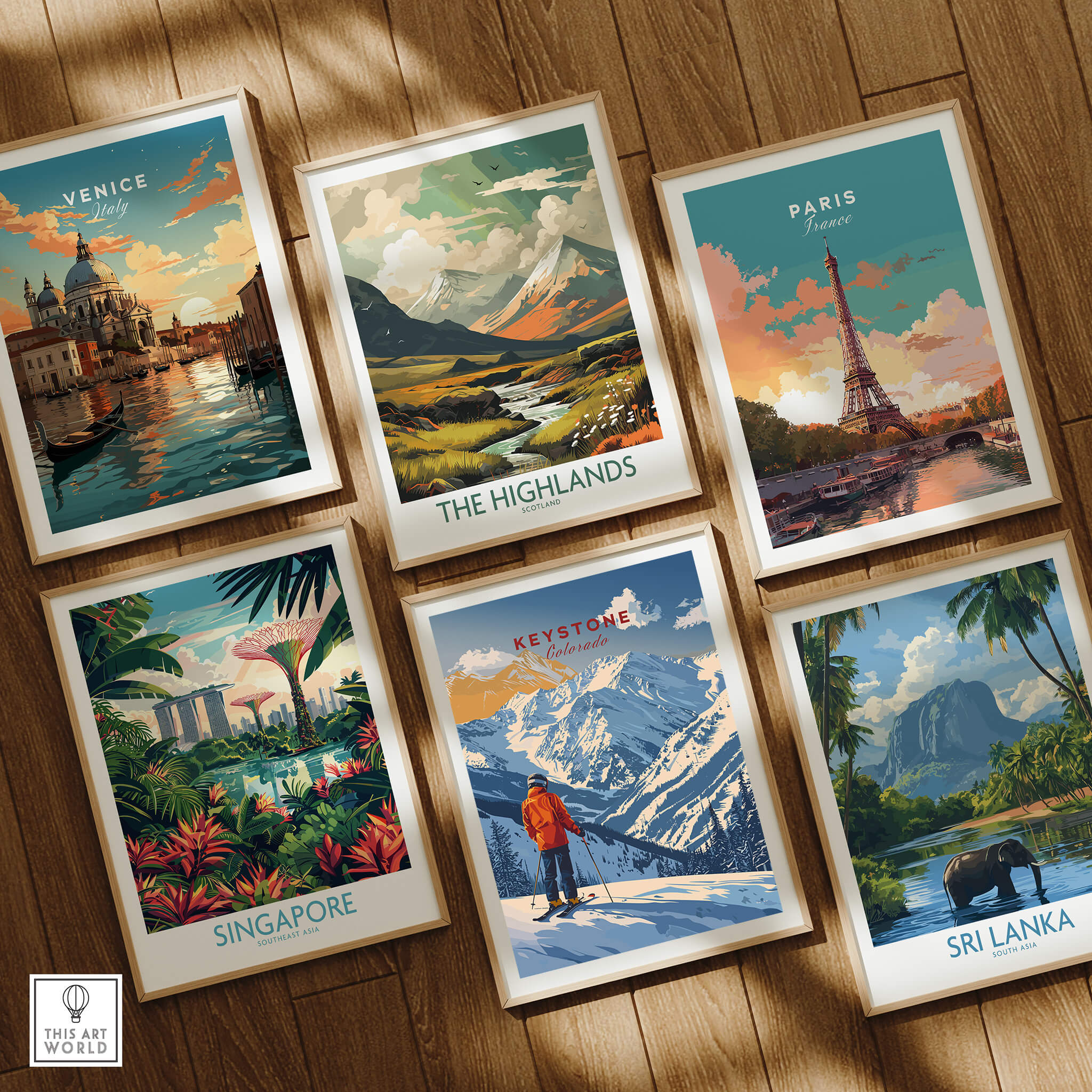 Keystone Travel Poster - Colorado among various iconic travel posters including Venice, Paris, Singapore, The Highlands, and Sri Lanka.