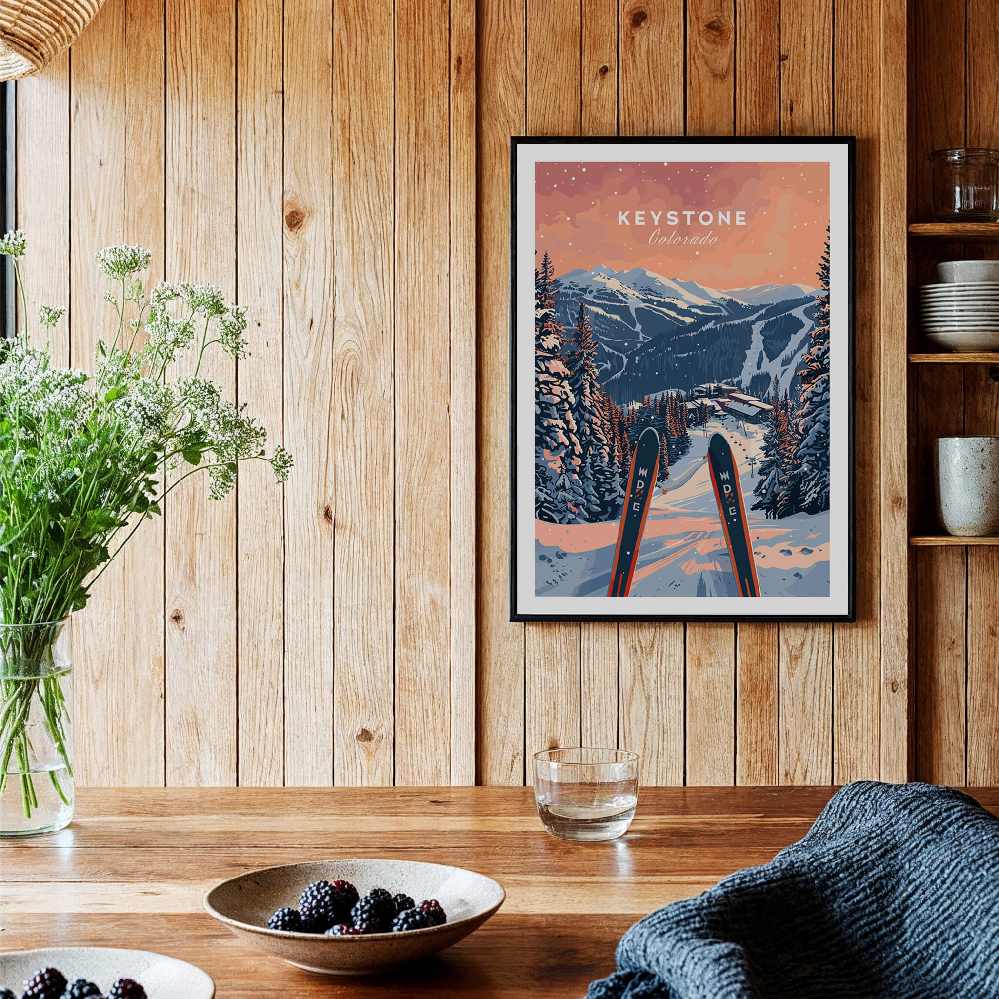 Keystone Ski Poster - Colorado displayed on a wooden wall, showcasing beautiful mountain views and ski gear.