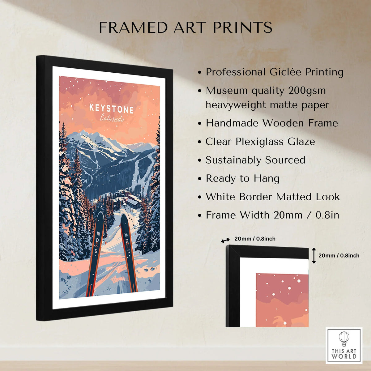 Keystone Ski Poster - Colorado framed art print showcasing beautiful mountain views and ski equipment.