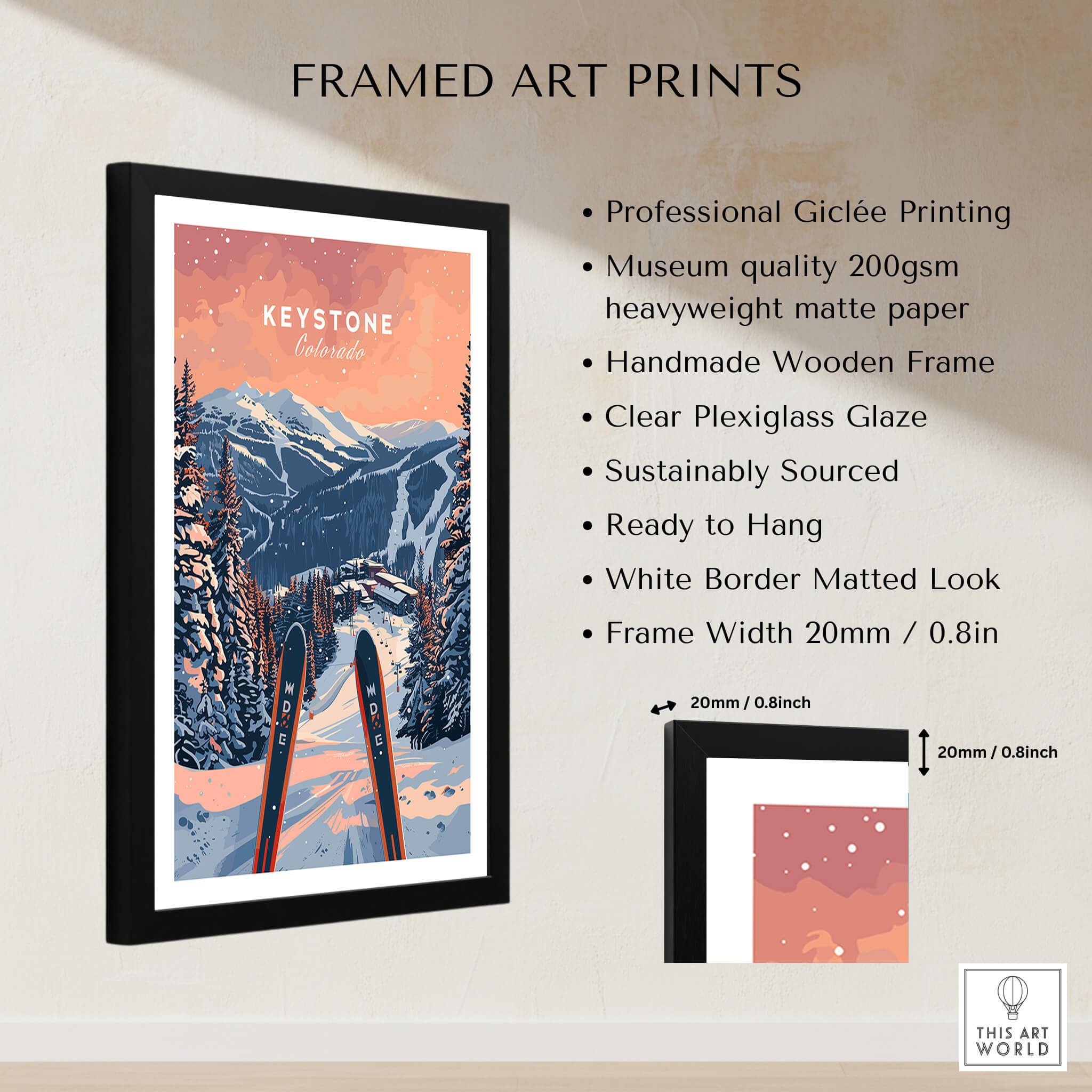 Keystone Ski Poster - Colorado framed art print showcasing beautiful mountain views and ski equipment.