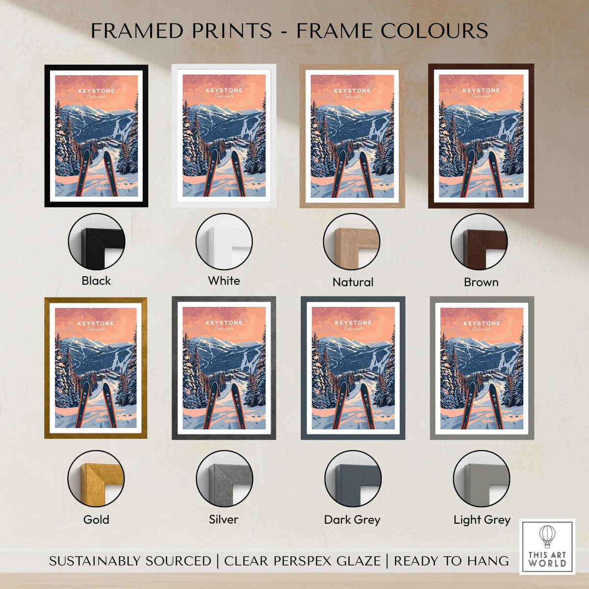 Framed Keystone Ski Poster - Colorado in various frame colors including Black, White, Natural, Brown, Gold, Silver, Dark Grey, Light Grey.