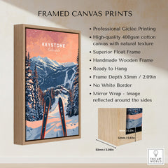Keystone Ski Poster - Colorado framed canvas print with mountains, skis, and wooden frame, perfect for ski enthusiasts.