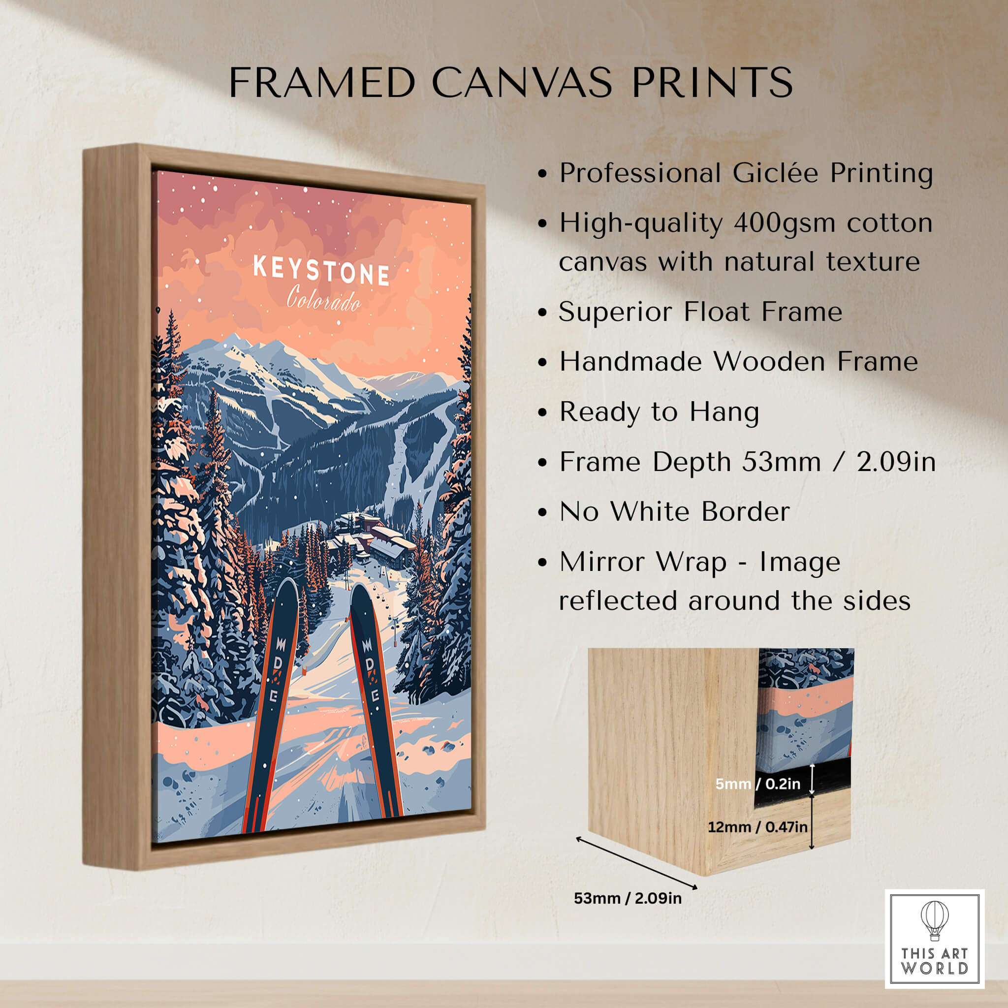 Keystone Ski Poster - Colorado framed canvas print with mountains, skis, and wooden frame, perfect for ski enthusiasts.