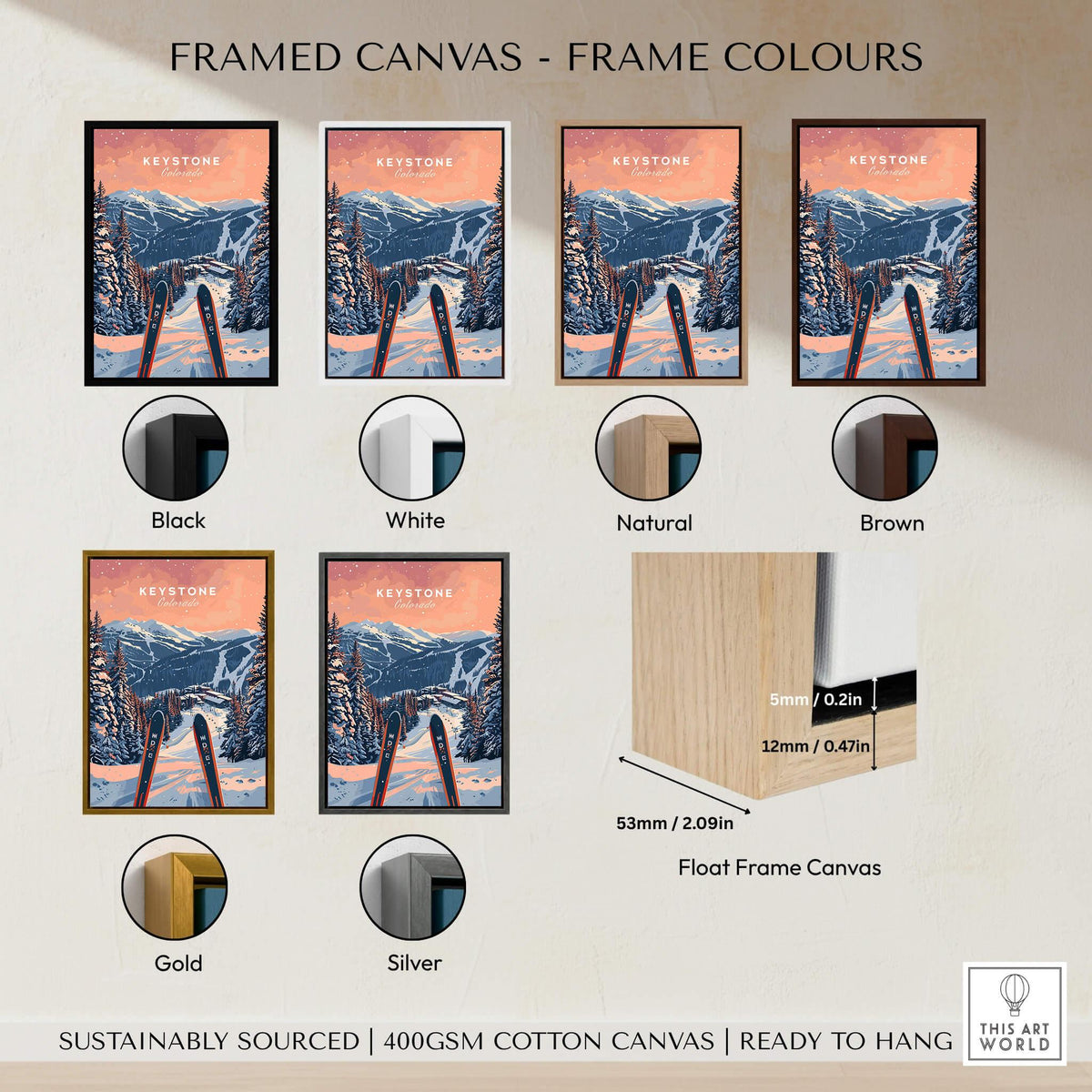 Keystone Ski Poster - Colorado in various framed canvas colors including black, white, natural, brown, gold, and silver.