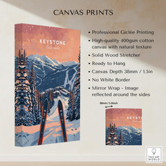 Keystone Ski Poster - Colorado showcasing stunning mountain views and skiing details on a high-quality canvas print.