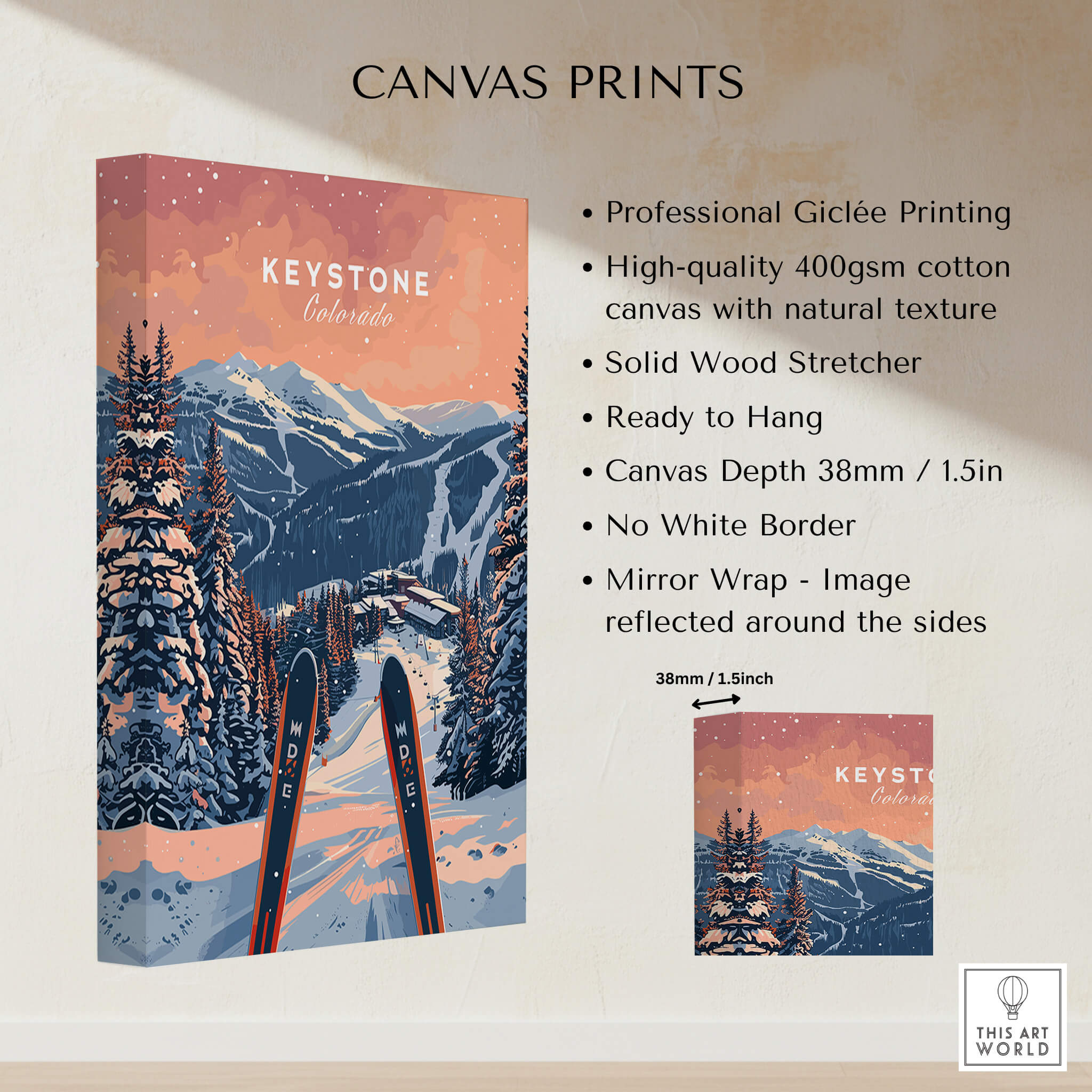 Keystone Ski Poster - Colorado showcasing stunning mountain views and skiing details on a high-quality canvas print.