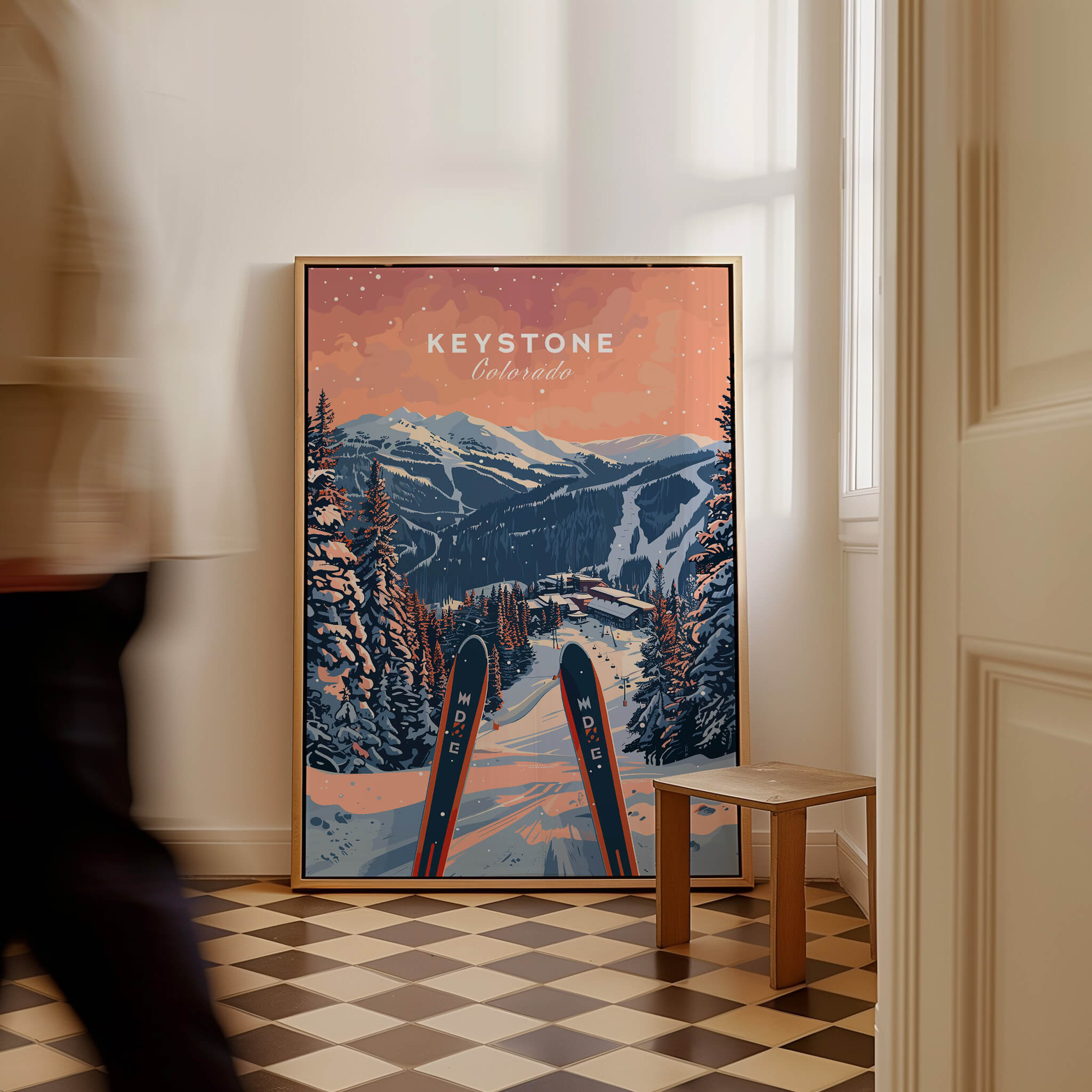 Keystone Ski Poster -  Colorado displayed in a cozy interior, showcasing beautiful snowy mountains and ski slopes.