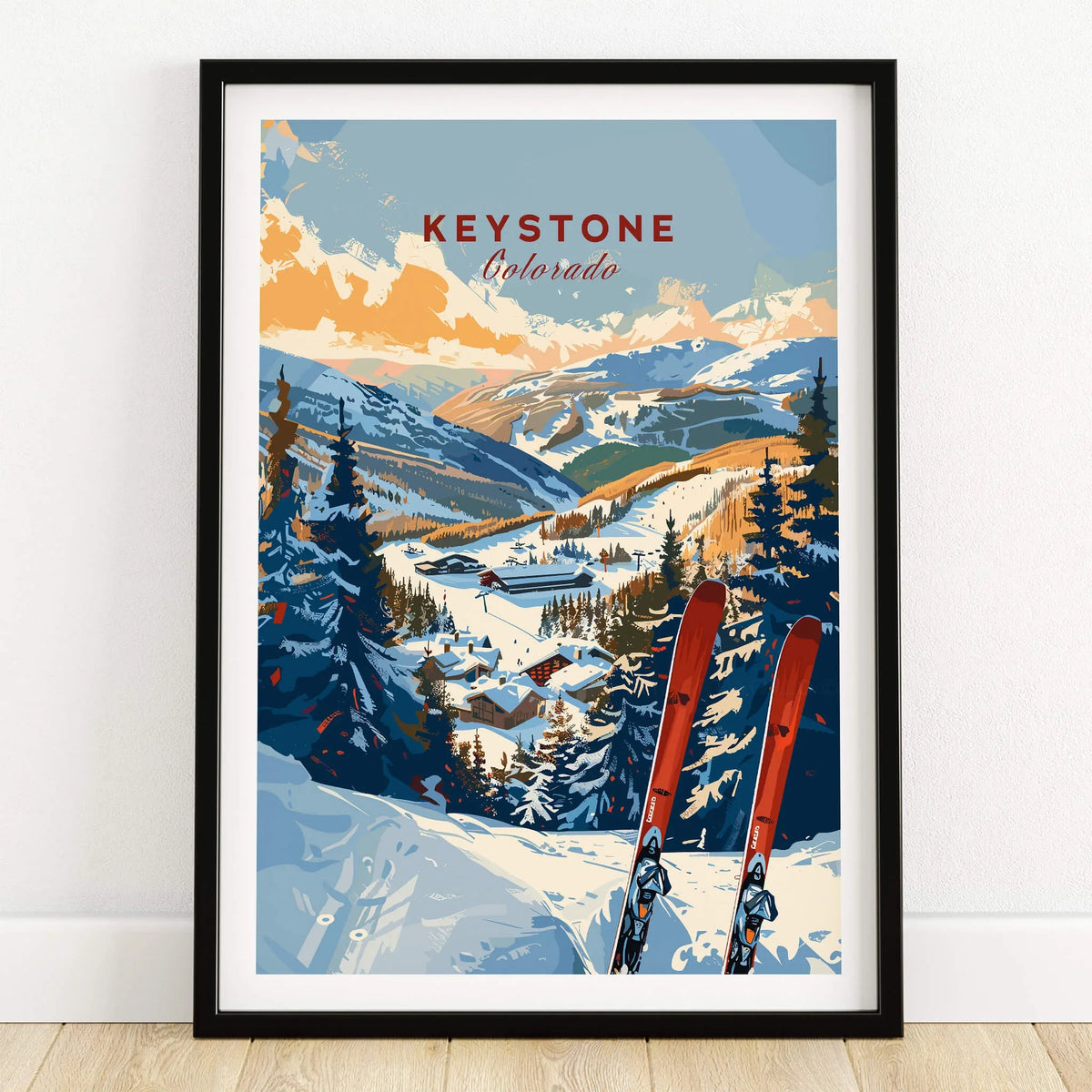 Keystone Wall Art Print - Colorado Ski, depicting a skiing scene in Keystone, Colorado, with vibrant snowy mountains and skis.