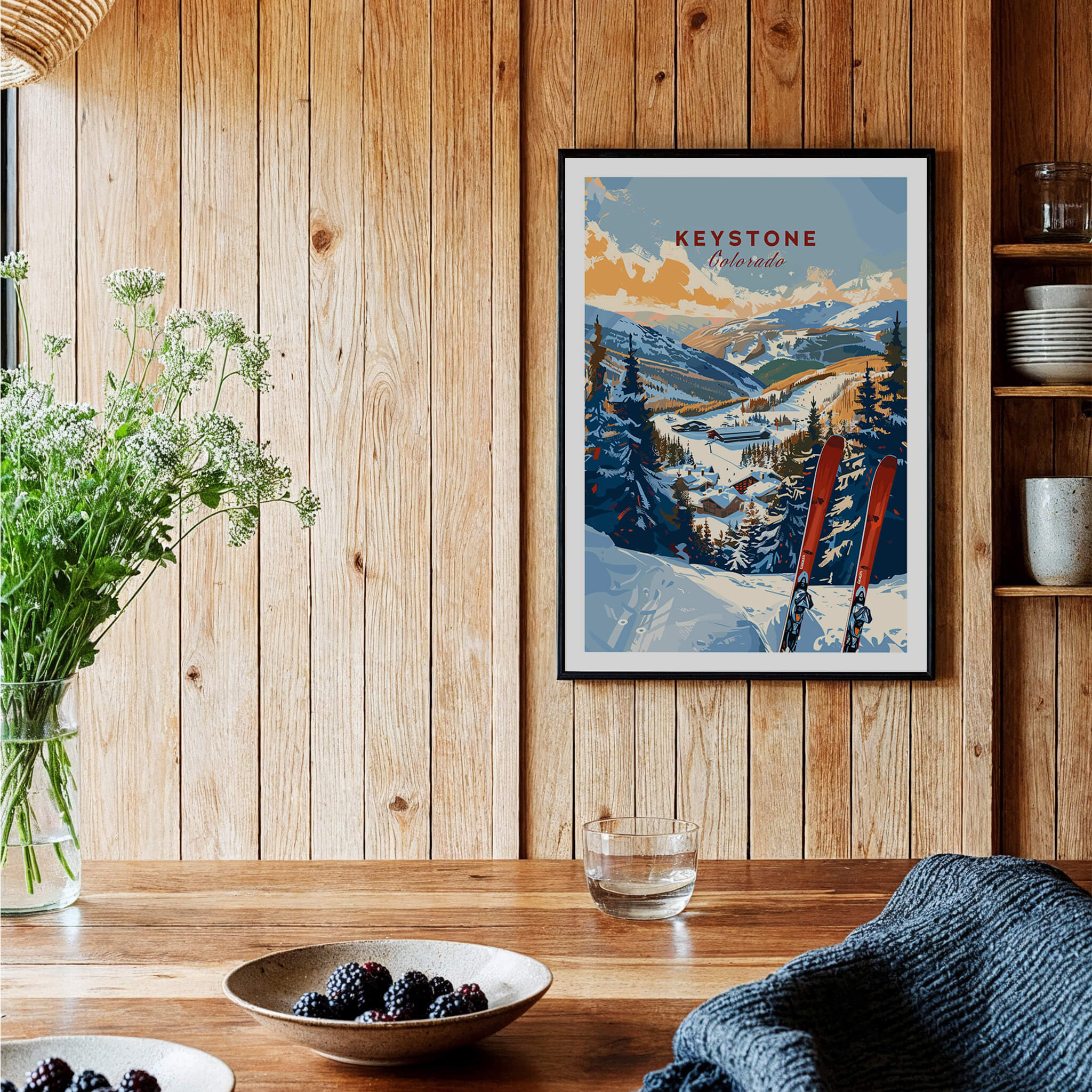 Keystone Wall Art Print - Colorado Ski displayed in a cozy home setting with wooden walls and rustic decor.