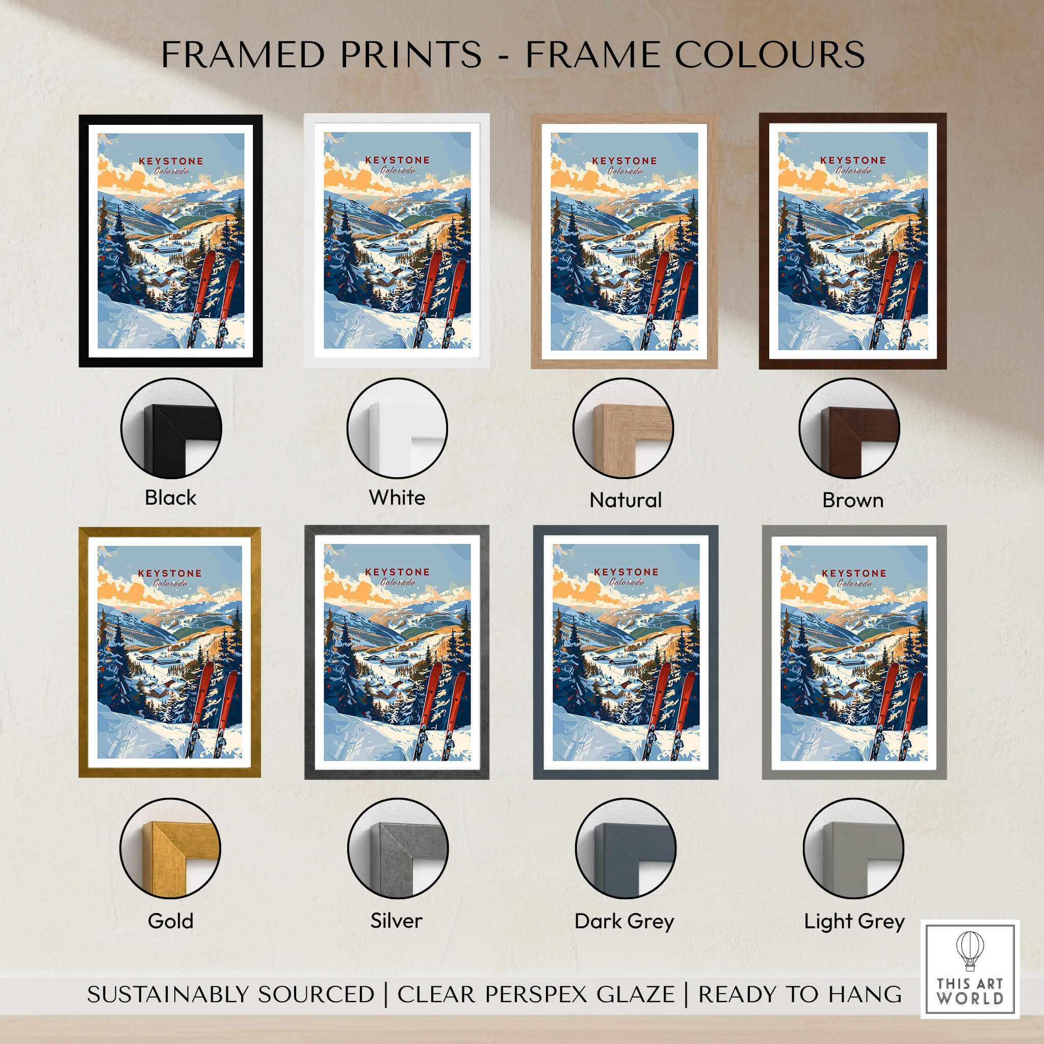 Framed prints showcasing Keystone Wall Art Print - Colorado Ski in various colors including black, white, gold, and natural.