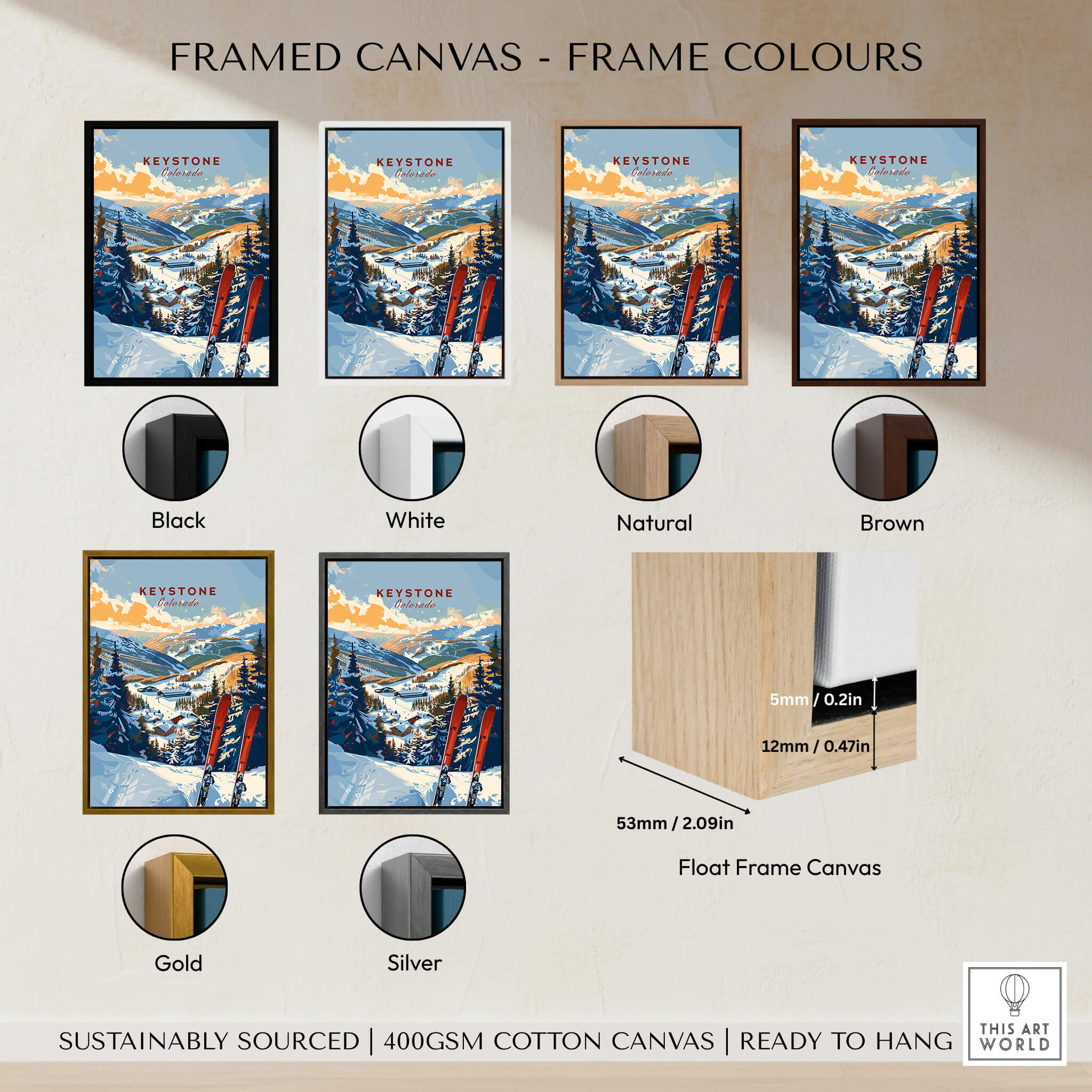 Keystone Wall Art Print - Colorado Ski framed canvas options in various colors including black, white, natural, brown, gold, and silver.
