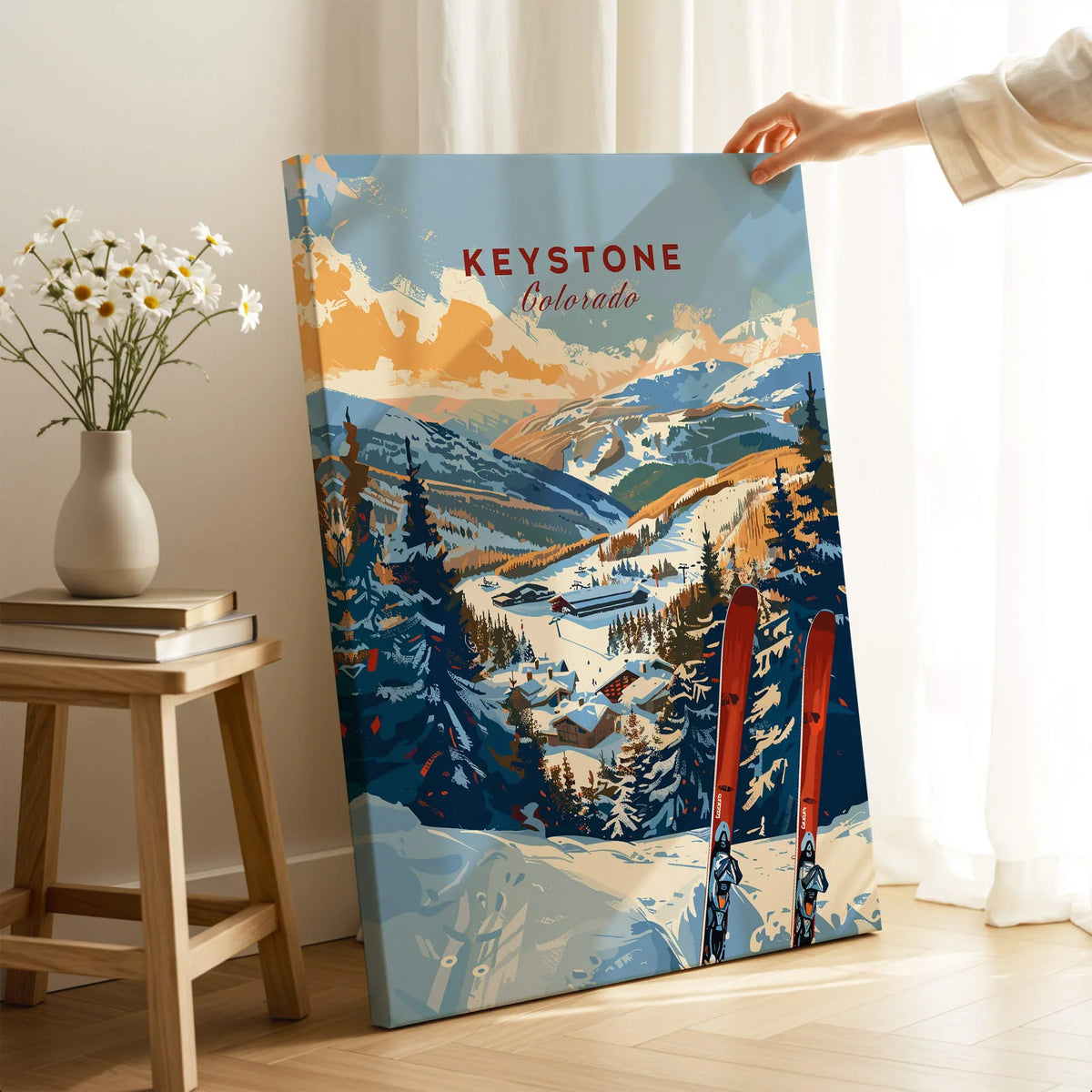 Keystone Wall Art Print - Colorado Ski displayed in a cozy room with ski gear and a vase of flowers.