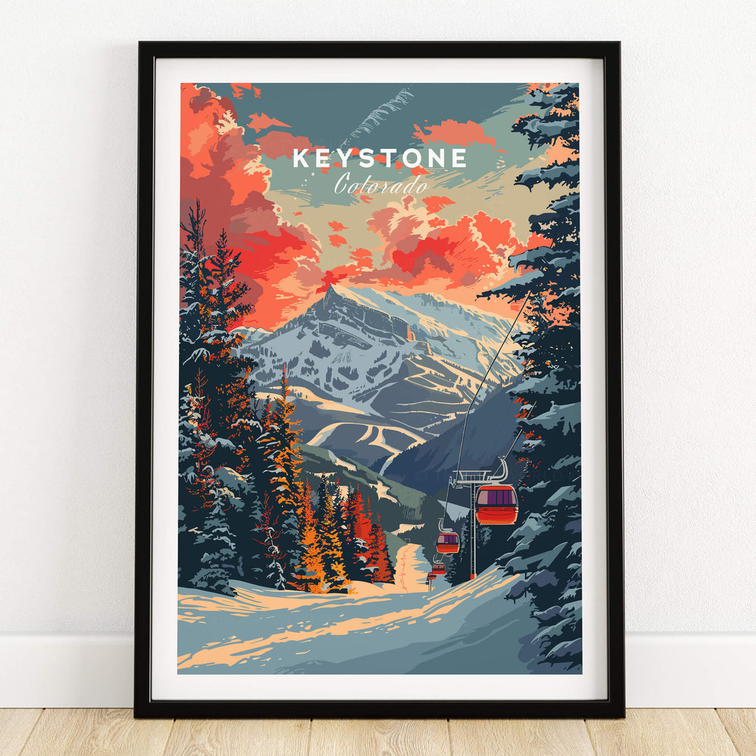 Keystone Print Colorado ski poster featuring a stunning mountain scene with a ski lift and vibrant sunset colors.