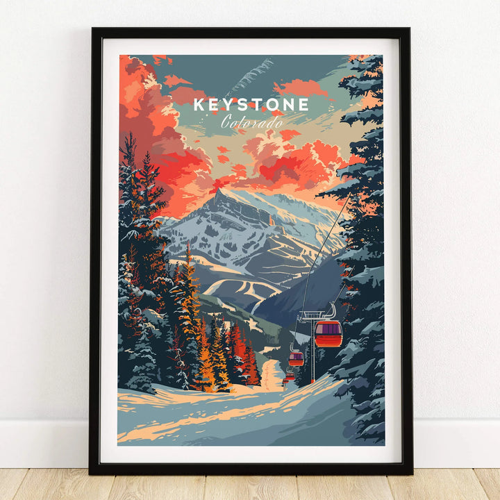 Keystone Print Colorado ski poster featuring a stunning mountain scene with a ski lift and vibrant sunset colors.