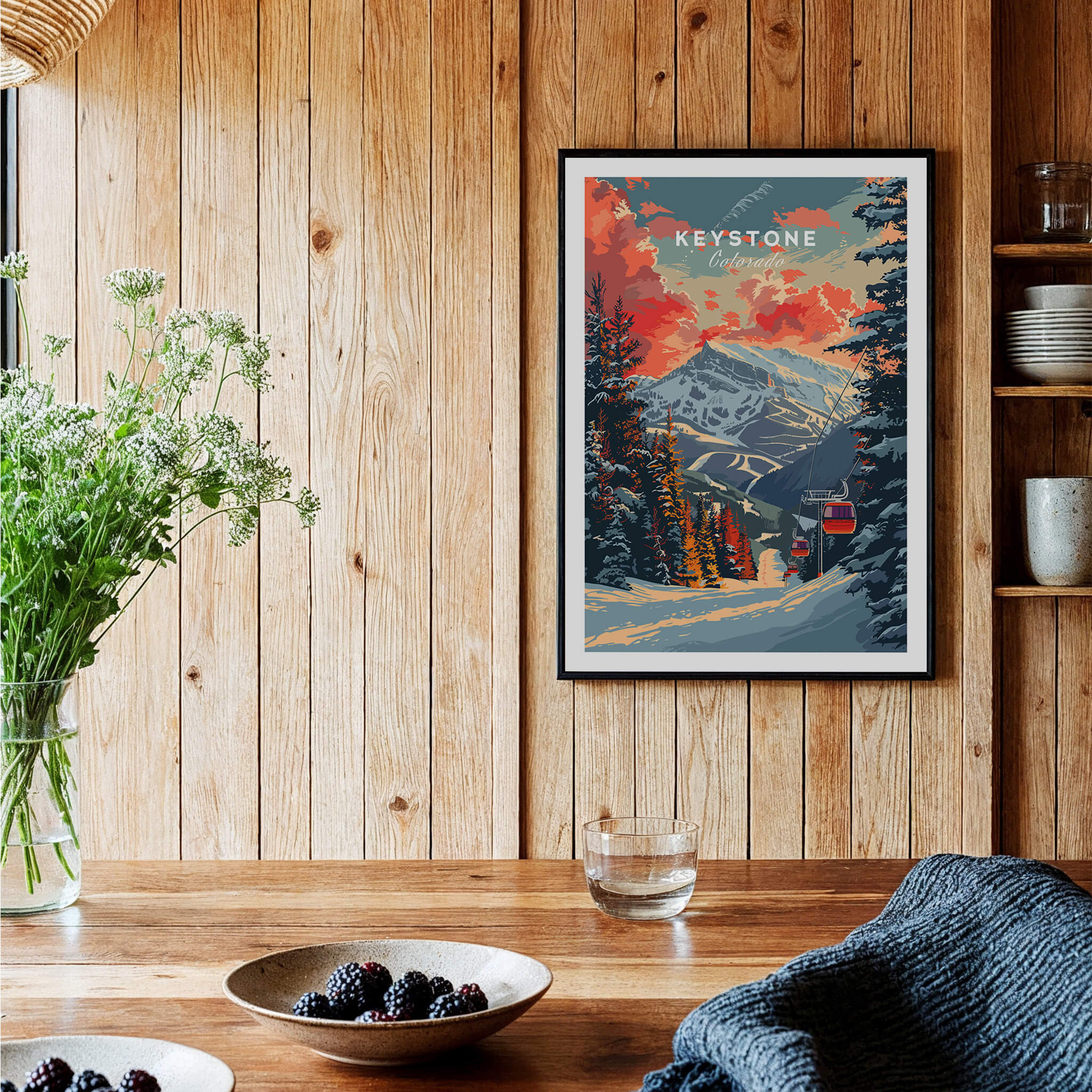 Keystone Print Colorado ski poster featuring vibrant colors and mountain scenery on a wooden wall.