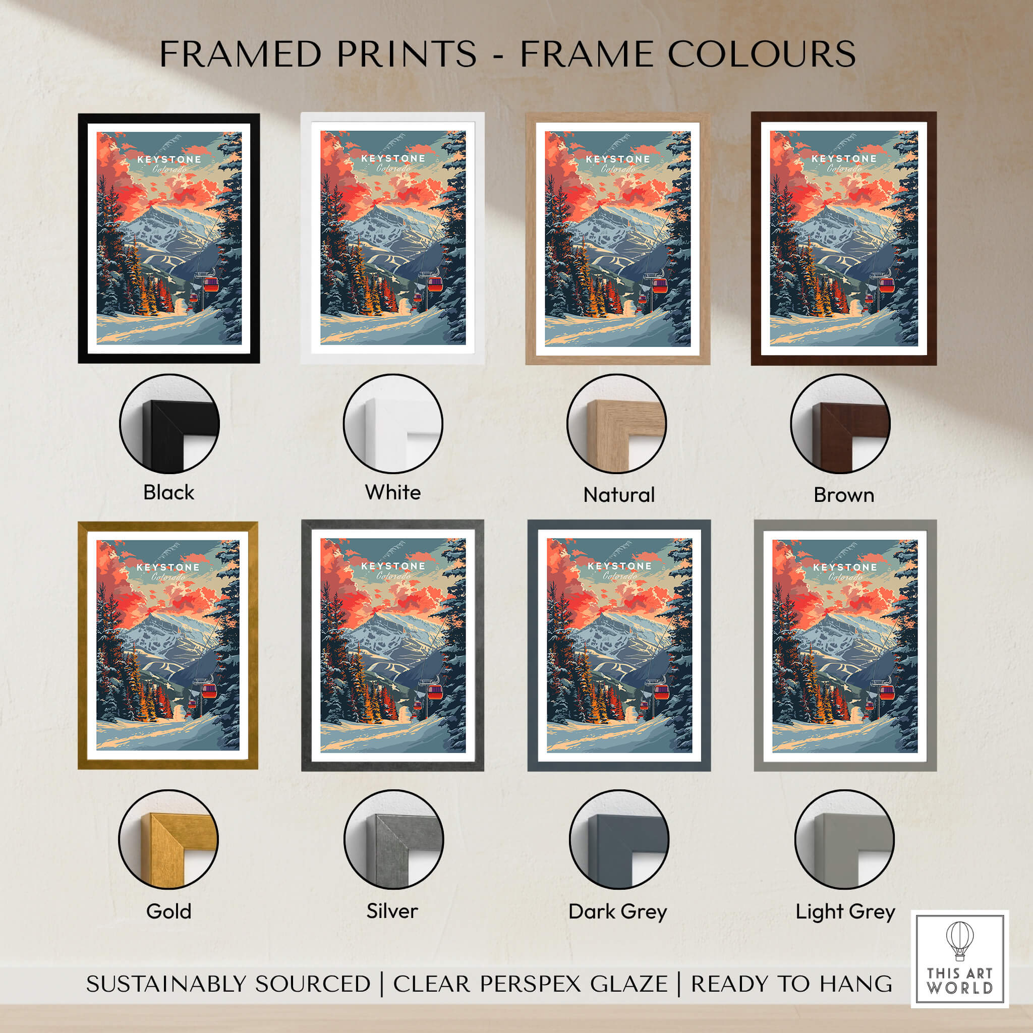 Keystone Print Colorado framed prints color options including black, white, natural, brown, gold, silver, dark grey, light grey.
