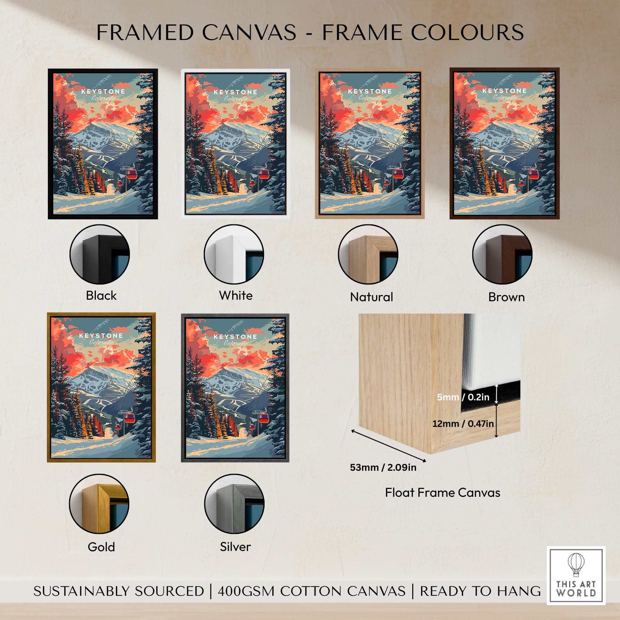 Framed Keystone Print Colorado canvas options in various colors including black, white, natural, brown, gold, and silver.