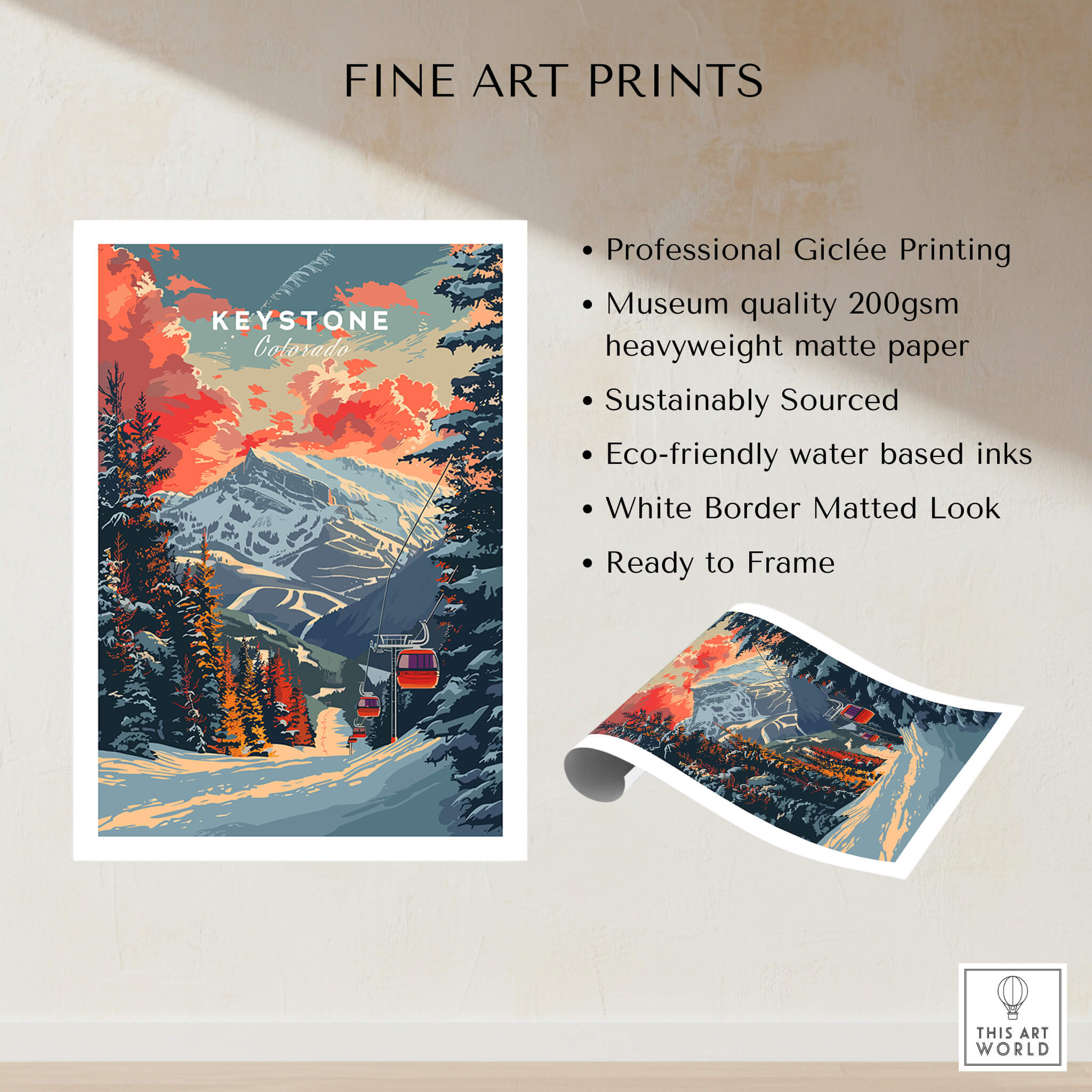 Keystone Print Colorado ski poster featuring vibrant colors and mountain scenery, ideal for ski lovers and home decor.