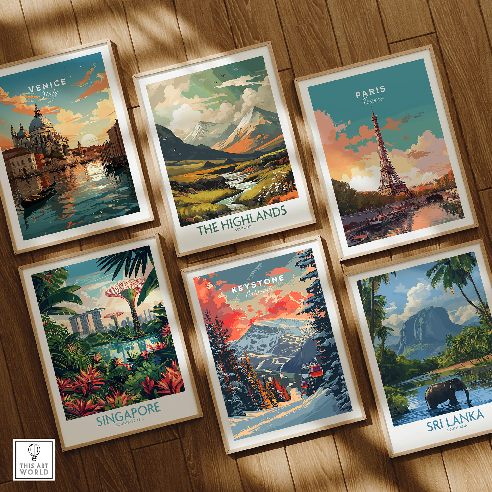 Framed travel posters including Keystone Print Colorado, Venice, Paris, The Highlands, Singapore, and Sri Lanka.