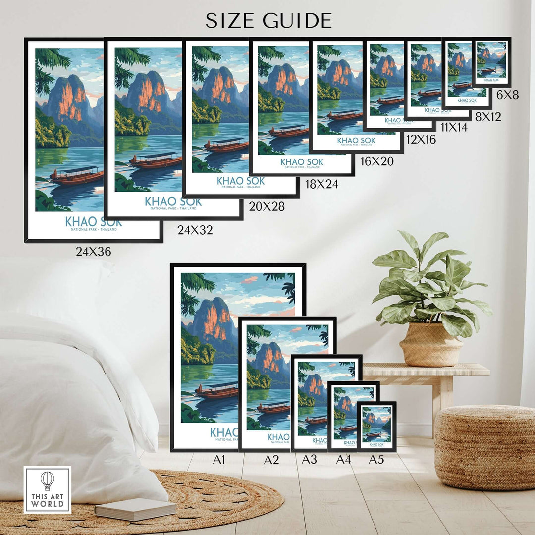 Khao Sok poster size guide showcasing various frame dimensions for home decor options.