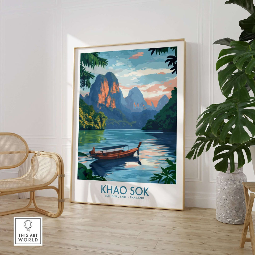 Khao Sok National Park poster featuring serene mountains and a tranquil lake, perfect for nature lovers and home decor.