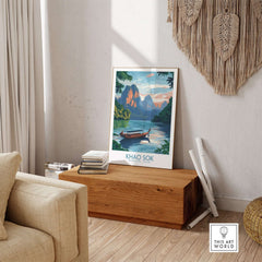 Khao Sok Poster displayed in a stylish living room setting, showcasing the beauty of Khao Sok National Park.