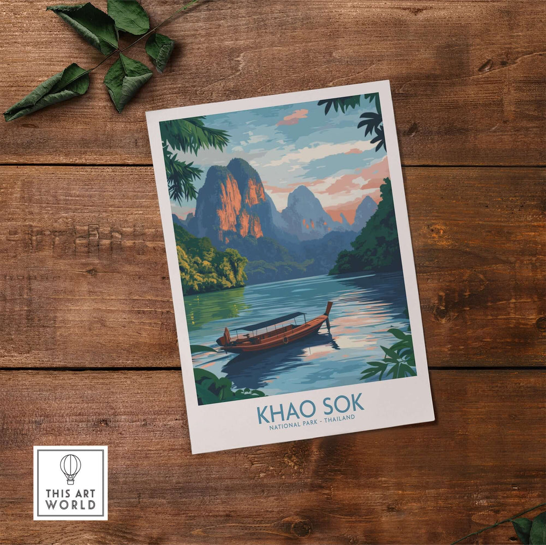 Khao Sok National Park poster featuring a scenic view of mountains and a tranquil river in Thailand.