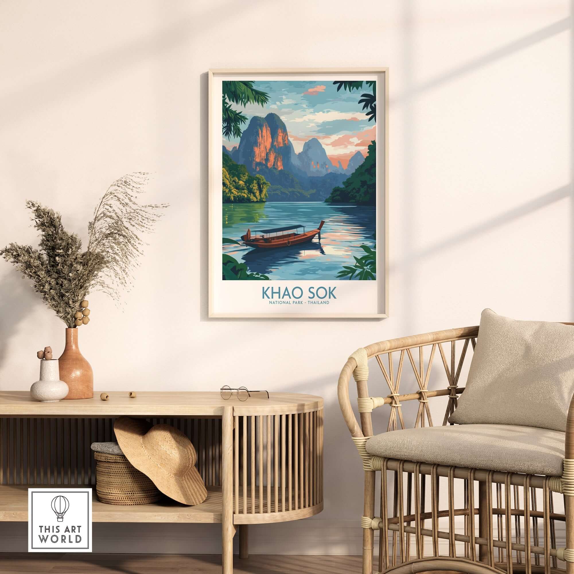 Khao Sok Poster showcasing a tranquil lake scene with lush greenery and mountains, perfect for nature lovers.