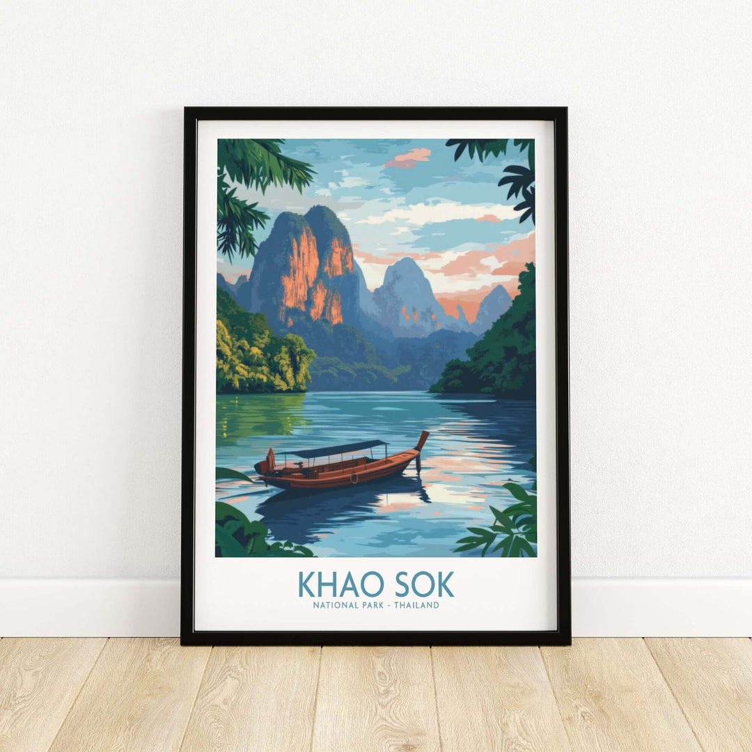 Khao Sok National Park poster featuring a scenic view of a boat on calm waters surrounded by lush mountains and greenery.