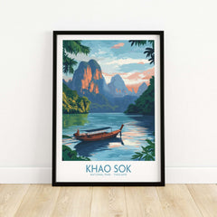 Khao Sok Poster featuring a scenic view of Khao Sok National Park with a traditional boat on a tranquil lake.