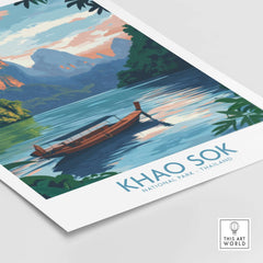 Khao Sok Poster showcasing a serene lake and boat in Khao Sok National Park, Thailand with vibrant colors and detailed scenery.