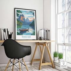 Khao Sok Poster displayed in a modern home office setting, showcasing the beauty of Khao Sok National Park.