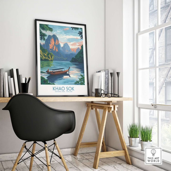 Khao Sok poster displayed in a modern interior with a black chair and wooden desk, featuring scenic mountains and lake.