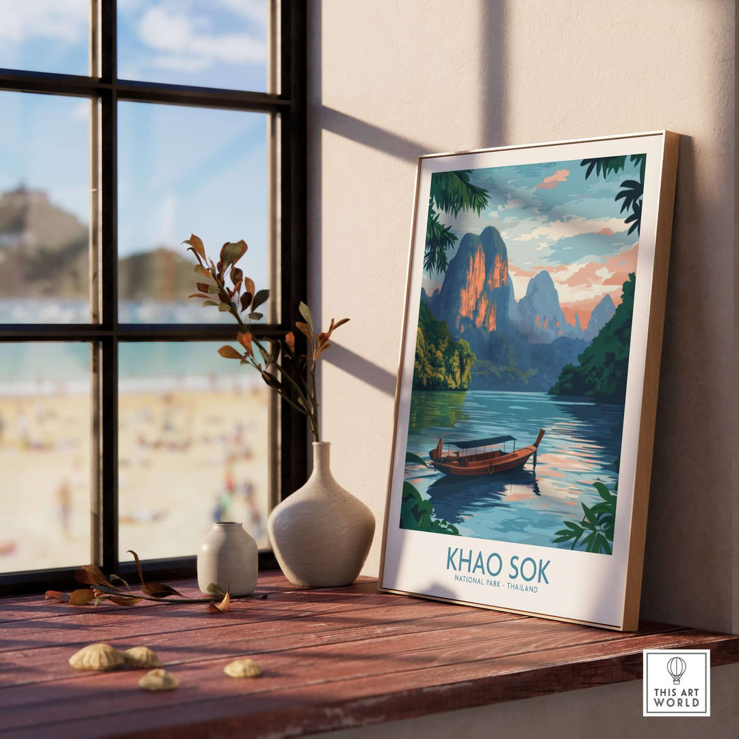 Khao Sok poster showcasing vibrant landscape with mountains and a boat, ideal for home décor and travel enthusiasts.