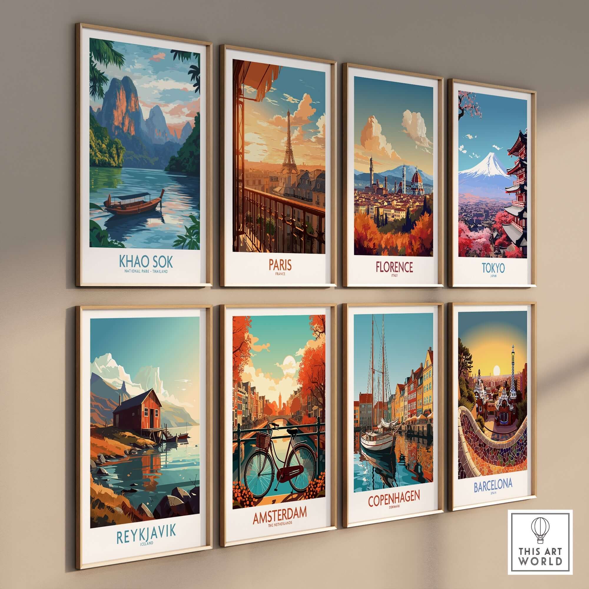 Khao Sok Poster alongside other city posters on a wall showcasing vibrant travel artwork.